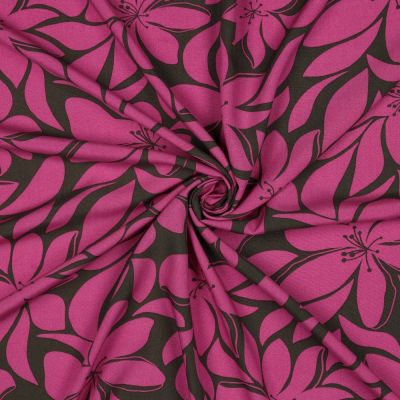 Tissu Voile de Viscose imprimé Grandes fleurs Fuschia sur fond Vert foncé - Par 10 cm
