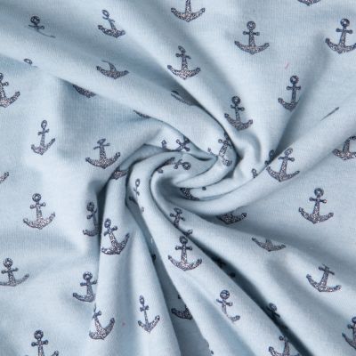 Tissu Jersey Coton Pailleté Ancres Bleu marine sur fond Bleu ciel - Par 10 cm