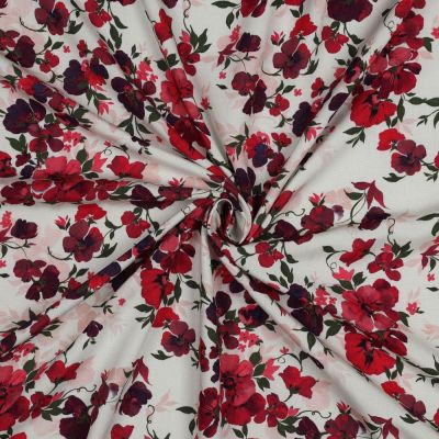 Tissu Viscose EcoVero digital fleurs Rouge sur fond Ecru - Par 10 cm