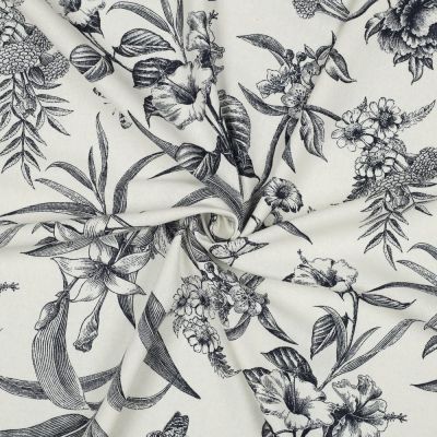 Tissu Viscose Lin grand Herbier Bleu marine sur fond Ecru - Par 10 cm
