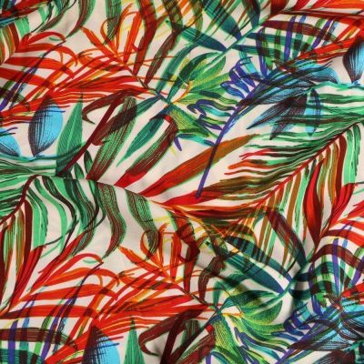 Tissu Viscose  Feuilles de palmier sur fond Blanc - Par 10 cm