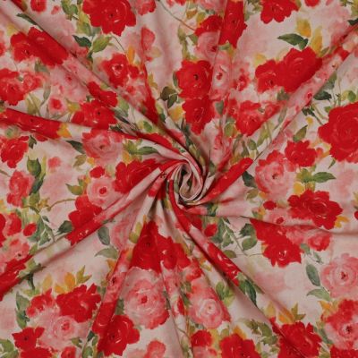 Tissu Viscose imprimé digital bouquets Rose sur fond Blanc cassé - Par 10 cm