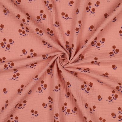 Tissu Double gaze de Coton petites fleurs sur fond Pêche - Par 10 cm