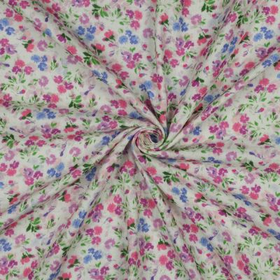 Tissu Double gaze de Coton digital petites fleurs Rose, Lilas &amp; Bleu sur fond Ecru - Par 10 cm