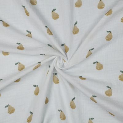 Tissu Double gaze de Coton digital petites Poires sur fond Blanc - Par 10 cm