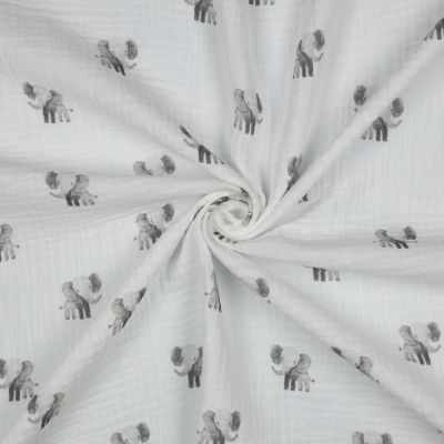 Tissu Double gaze de Coton Bio digital petits Eléphants Gris sur fond Blanc - Par 10 cm