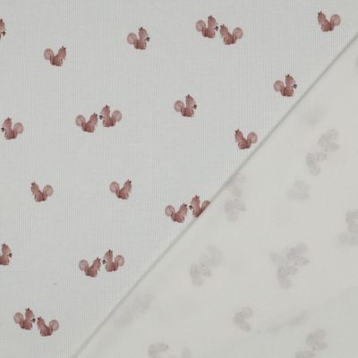 Tissu Jersey Coton côtelé digital Écureuil Rose poudré sur fond Ecru - Par 10 cm