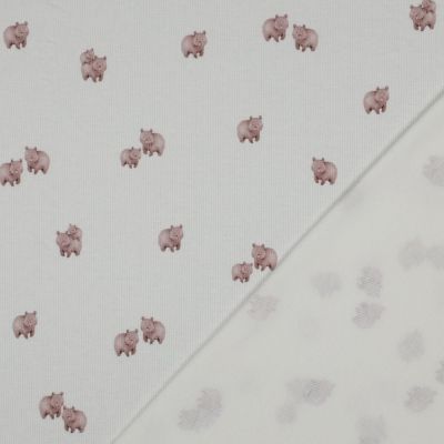 Tissu Jersey Coton côtelé digital Oursons Rose poudré sur fond Ecru - Par 10 cm