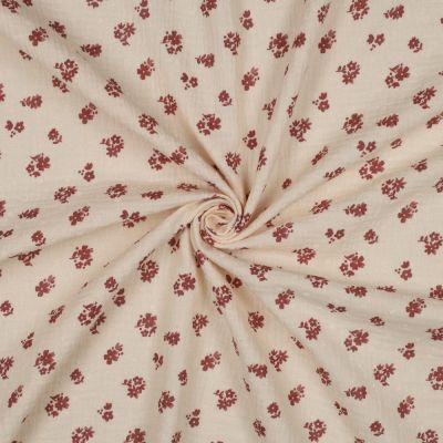 Coupon Tissu Double gaze de Coton Petites Fleurs Terracotta sur fond Ecru - Coupon de 70 cm
