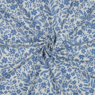 Tissu Jersey Coton imprimé Petites Fleurs Bleues sur fond Blanc - Par 10 cm