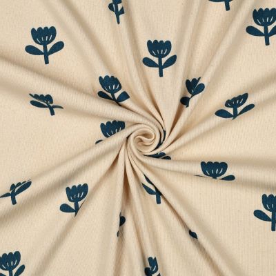 Tissu Jersey Coton côtelé Bio Tulipes Bleu sur fond Ecru - Par 10 cm