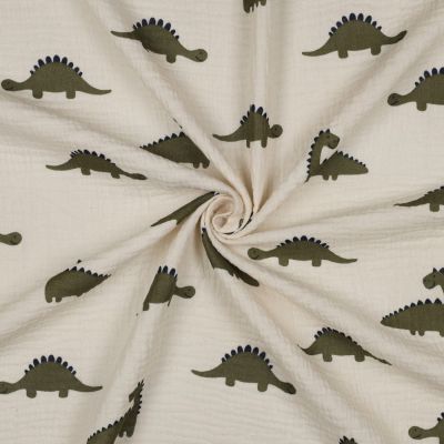 Tissu Double gaze de Coton Bio Dinosaures Vert kaki sur fond Ecru - Par 10 cm