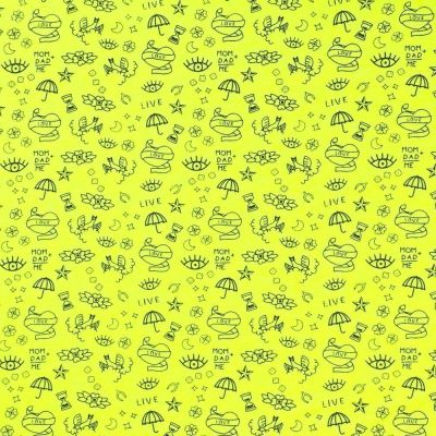 Tissu Jersey Coton imprimé Symboles Love&amp;Live Noirs sur fond Jaune fluo - Par 10 cm