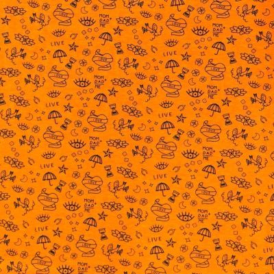 Tissu Jersey Coton imprimé Symboles Love &amp; Live Noirs sur fond Orange fluo - Par 10 cm