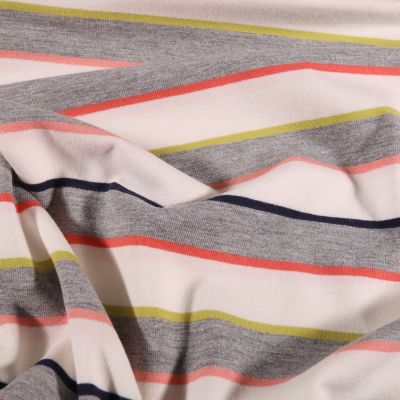 Coupon Tissu Jersey coton Rayures colorés sur fond Gris chiné - Coupon de 80 cm
