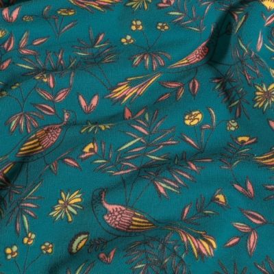 Tissu Jersey Coton Oiseaux et feuillages sur fond Bleu canard - Par 10 cm