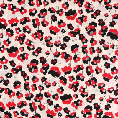 Coupon Tissu Satin imprimé Fleurs rouge noir et argent sur fond Blanc cassé - Coupon de 10 cm