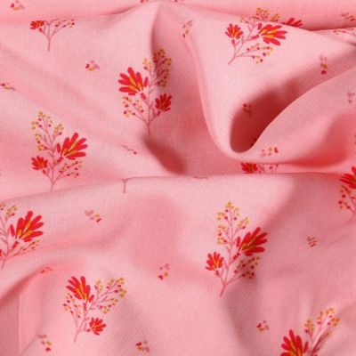 Tissu Viscose imprimé Branches fleuris sur fond Rose - Par 10 cm