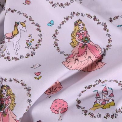 Tissu Coton imprimé Couronnes de fleurs princesses et licornes sur fond Gris - Par 10 cm