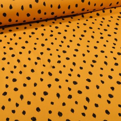 Coupon Tissu Sweat léger envers molletonné Bio Pois noirs sur fond Jaune curcuma - Coupon de 30 cm