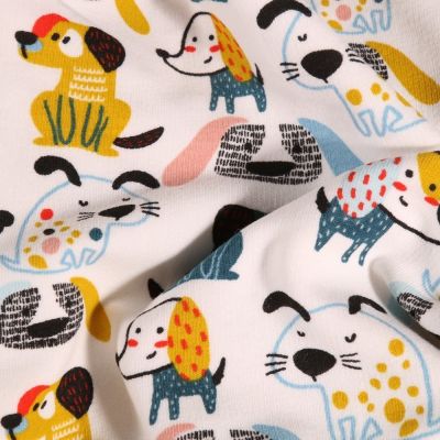 Tissu Sweat léger Bio envers tout doux Chiens colorés sur fond Blanc - Par 10 cm