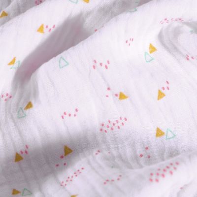 Coupon Tissu Double gaze Petits triangles moutarde et pois rose sur fond Blanc - Coupon de 40 cm