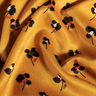 Coupon Tissu Satin imprimé Fleurs noirs et colorés sur fond Jaune - Coupon de 30 cm