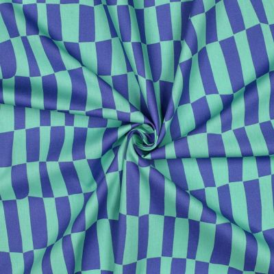 Tissu Popeline de Coton Bio Jennifer Bouron carreaux Bleu sur fond Vert - Par 10 cm