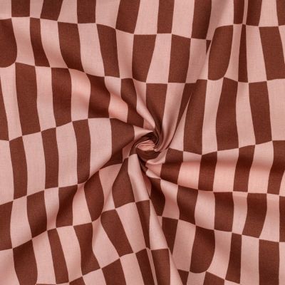 Tissu Popeline de Coton Bio Jennifer Bouron carreaux Marron sur fond Rose - Par 10 cm