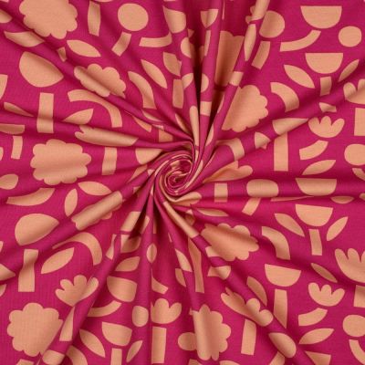 Tissu Jersey Coton Bio Jennifer Bouron fleurs Orange sur fond Rose fuchsia - Par 10 cm