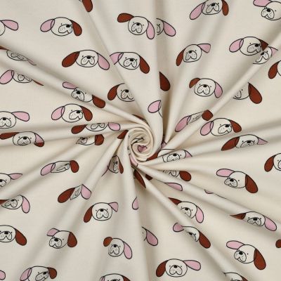 Tissu Sweat léger Bio Jennifer Bouron chiens Rose et Marron sur fond Ecru - Par 10 cm