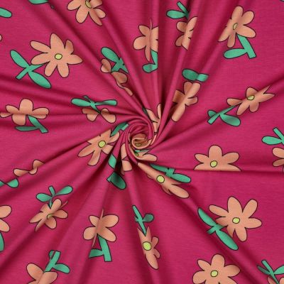 Tissu Jersey Coton Bio Jennifer Bouron fleurs Abricot sur fond Magenta fuschia - Par 10 cm