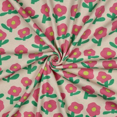 Tissu Jersey cotêlé Bio Jennifer Bouron fleurs Rose et Vert sur fond Ecru - Par 10 cm
