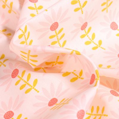 Coupon Tissu Coton enduit Pâquerettes rose et jaune sur fond Blanc - Coupon de 20 cm