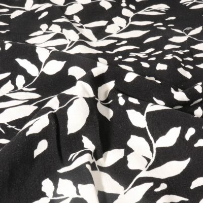 Coupon Tissu Viscose imprimé Feuillage blanc sur fond Noir - Coupon de 30 cm