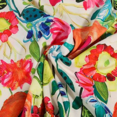 Tissu Jersey imprimé Fleurs éclatantes sur fond Blanc - Par 10 cm