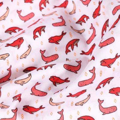 Tissu Jersey Coton Baleines rouges sur fond Blanc - Par 10 cm