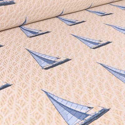 Tissu Jacquard Gobelin Voiliers bleus sur fond Beige - Par 10 cm
