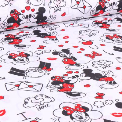Tissu Coton imprimé sous licence Mickey &amp; Minnie Love sur fond Blanc - Par 10 cm