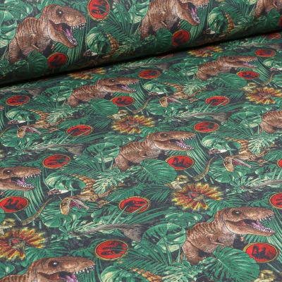 Tissu Coton imprimé sous licence Jurassic Park Art sur fond Vert foncé - Par 10 cm