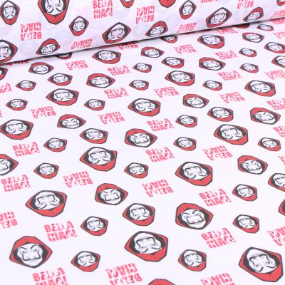 Tissu Coton imprimé sous licence Casa de papel rouge sur fond Blanc - Par 10 cm