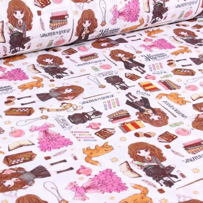 Tissu Coton imprimé sous licence Harry Potter Hermione potion sur fond Blanc - Par 10 cm