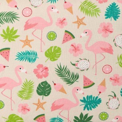 Tissu Jersey Coton Flamants roses et Tropical Multicolore sur fond Beige - Par 10 cm