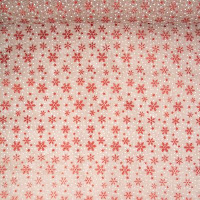 Tissu Jute imprimé Christmas flocons Rouge sur fond Naturel - Par 10 cm