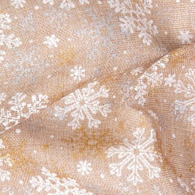 Tissu Jute imprimé Christmas flocons Blanc sur fond Naturel - Par 10 cm