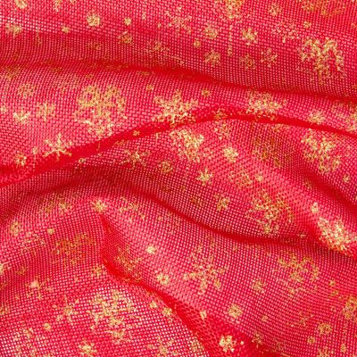 Tissu Jute imprimé Christmas flocons Dorés sur fond Rouge - Par 10 cm