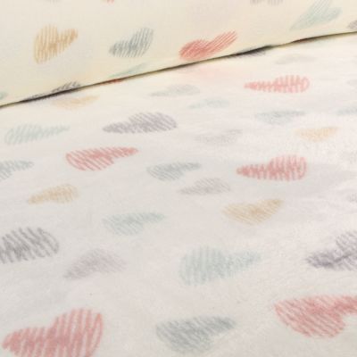 Tissu Doudou Graffi coeurs sur fond Blanc cassé - Par 10 cm