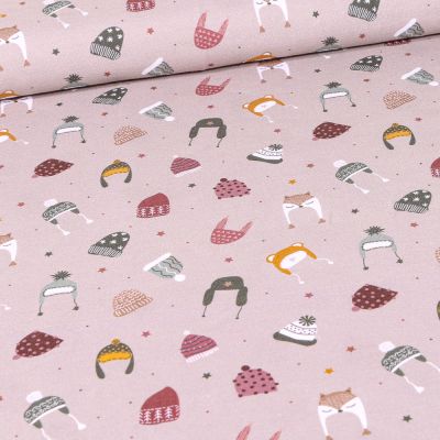 Coupon Tissu Coton imprimé Bio Divers bonnets sur fond Beige - Coupon de 310 cm