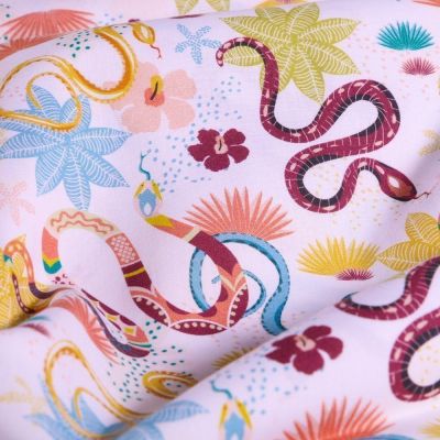 Tissu Popeline Coton Bio Serpents et fleurs sur fond Blanc - Par 10 cm