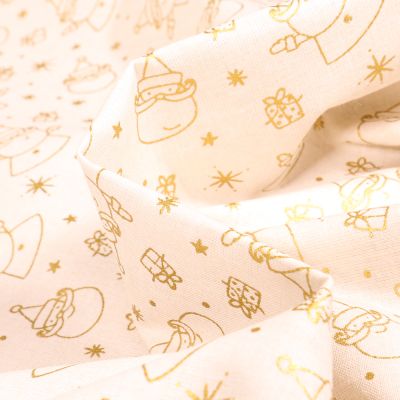 Tissu Coton imprimé Bio Peres noël dorés sur fond Blanc cassé - Par 10 cm